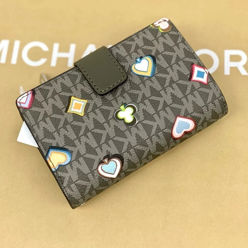 Michael Kors Multicolor Patterned Bifold Medium Wallet Olive